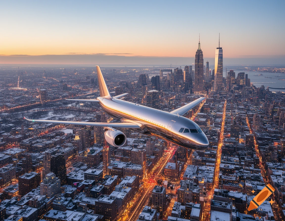 A photorealistic image of a silver airplane flying over the illuminated New York City skyline at sunset.