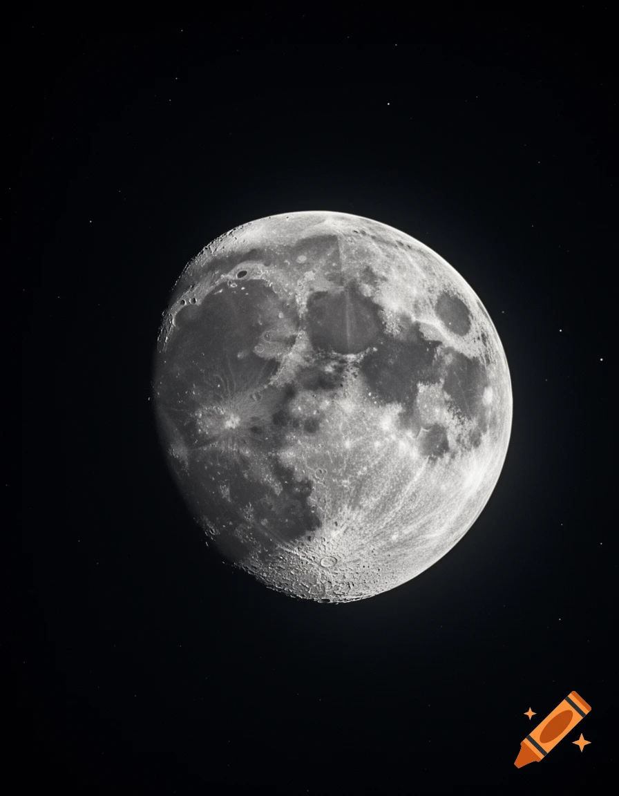 A detailed, photorealistic full moon showing craters and maria, set against a dark starry sky.