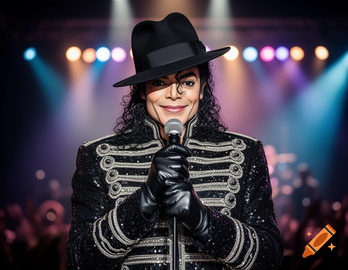 Photorealistic image of Michael Jackson on stage, smiling and holding a microphone, with spotlights in the background.