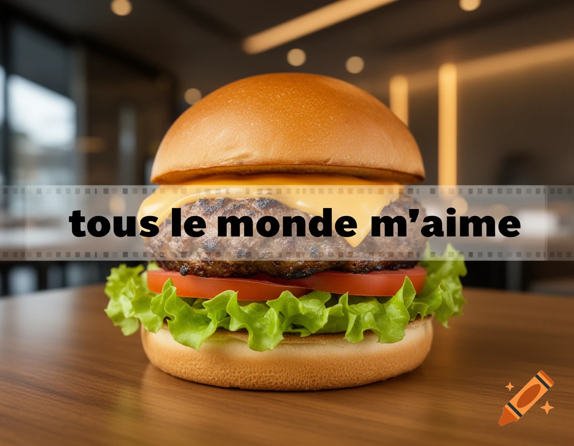 Photorealistic hamburger with lettuce, tomato, cheese, and a patty on a bun, with text "tous le monde m'aime" on a band across it, set in a restaurant.
