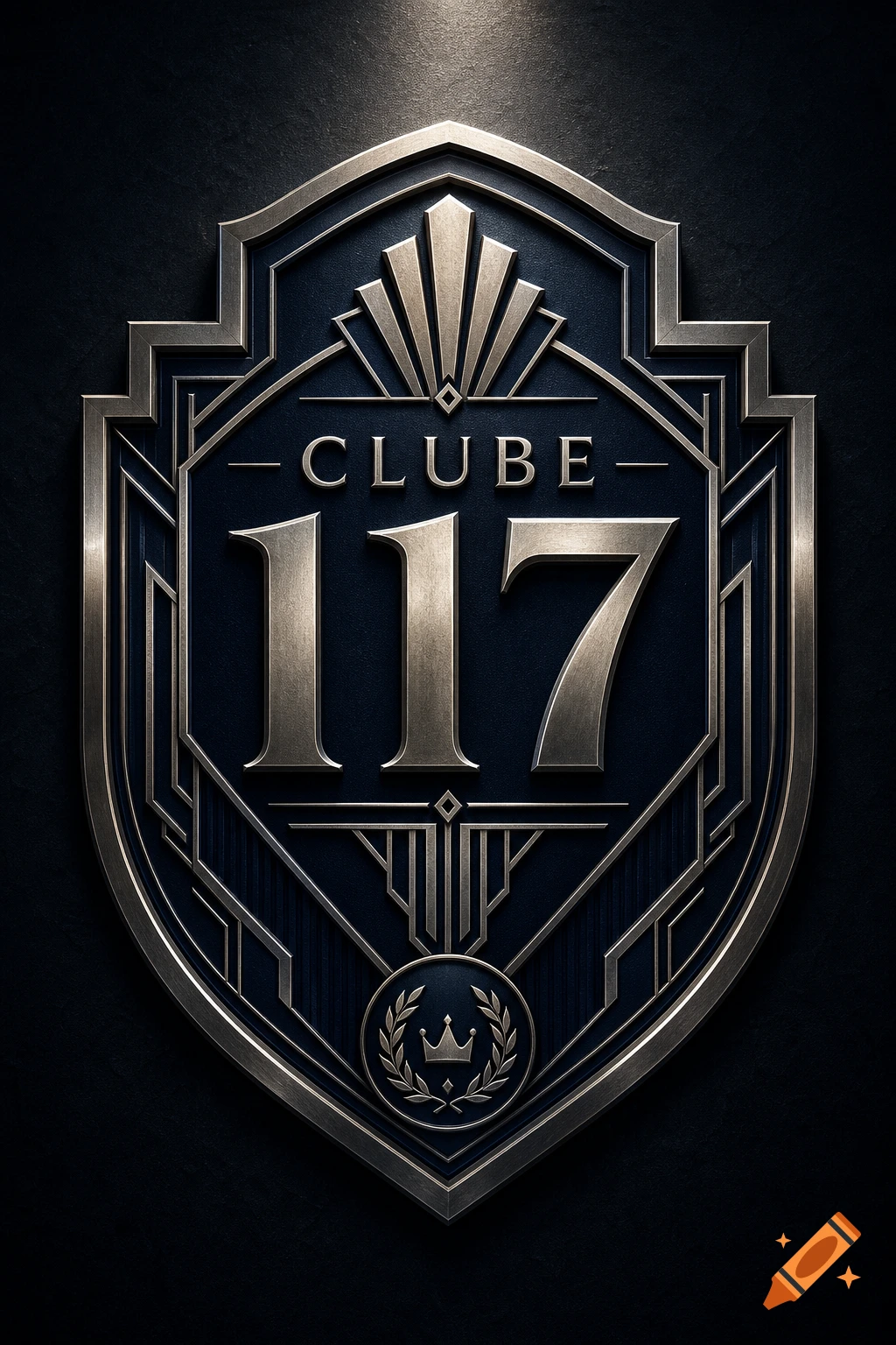 A metallic art deco style emblem with the text CLUBE 117 and a small crown icon, set against a dark background.