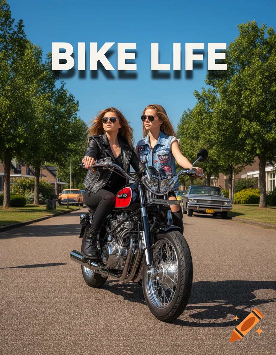 Photorealistic image of two women in sunglasses and jackets on a motorcycle on a sunny street, with 'BIKE LIFE' above.