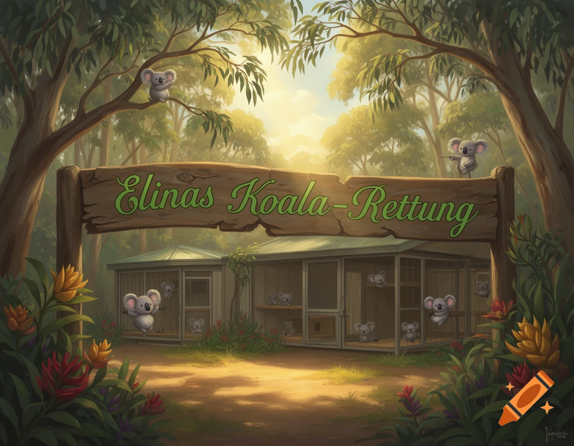 Cartoon illustration of Elina's Koala Rescue station in a lush forest, with cute koalas in and around enclosures.