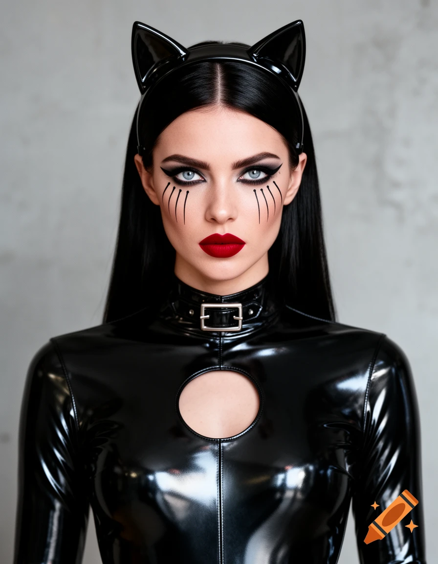 Woman dressed as a catwoman in a glossy black latex suit with dramatic makeup and cat ears.