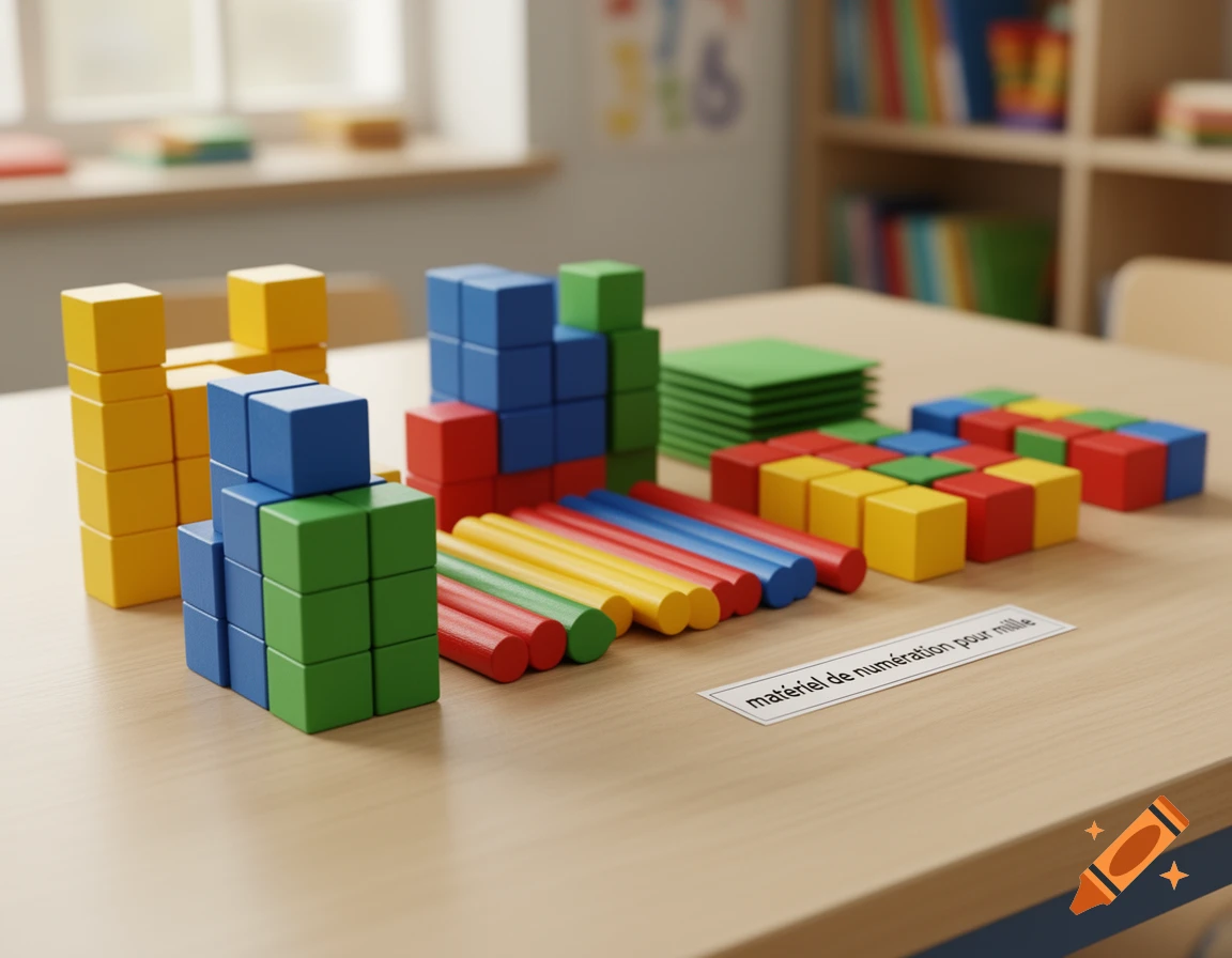 Colorful math manipulatives like stacking cubes and rods on a wooden table in a classroom, with a label for 'matériel de numération pour mille'.