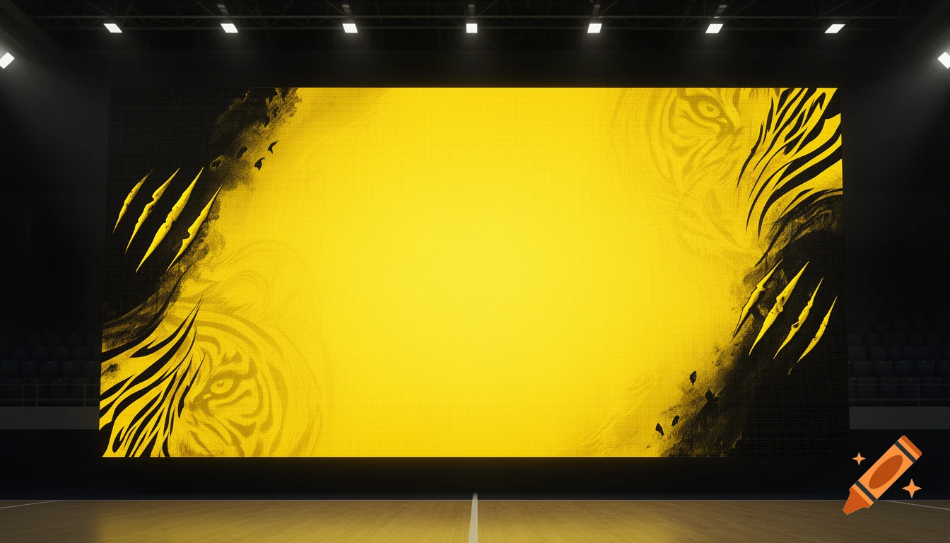 A yellow and black LED advertising board background in an indoor sports arena, with abstract tiger claw marks and subtle tiger eyes on the sides.