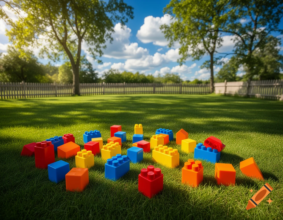 Colorful building blocks scattered on a bright green lawn under a sunny, cloudy sky with trees and a fence in the background.