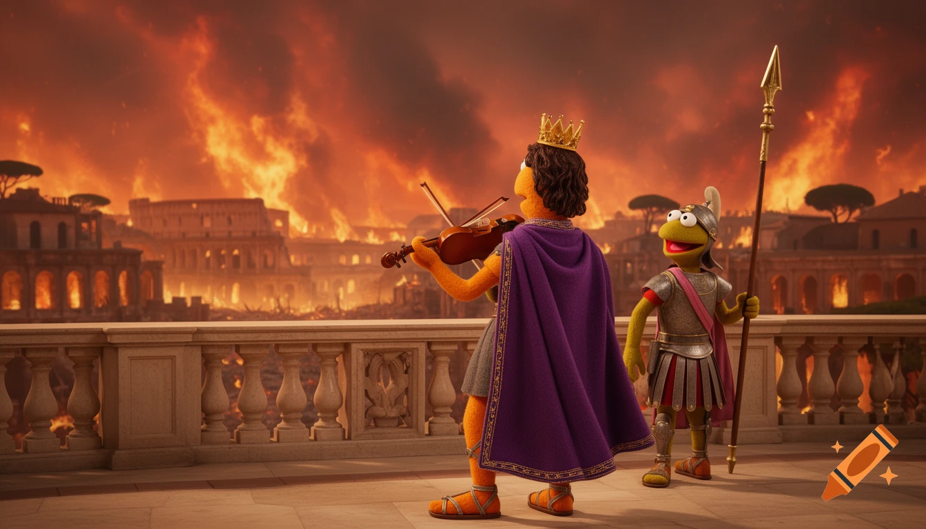 Muppet-like emperor Nero plays a violin on a balcony, with a frog-like guard, overlooking a burning ancient Rome.