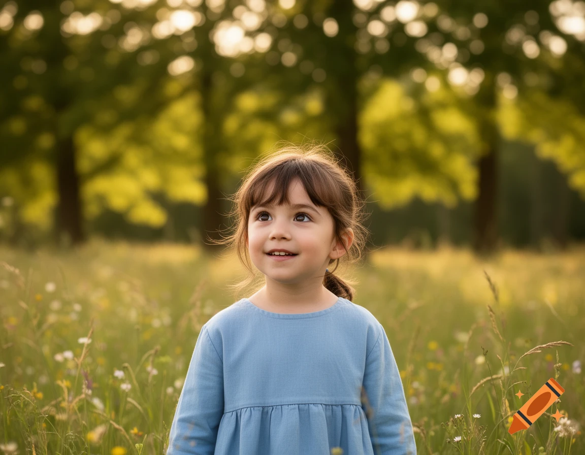 Young girl with bangs smiling and looking up, standing in a sunny field of wildflowers with blurred trees.