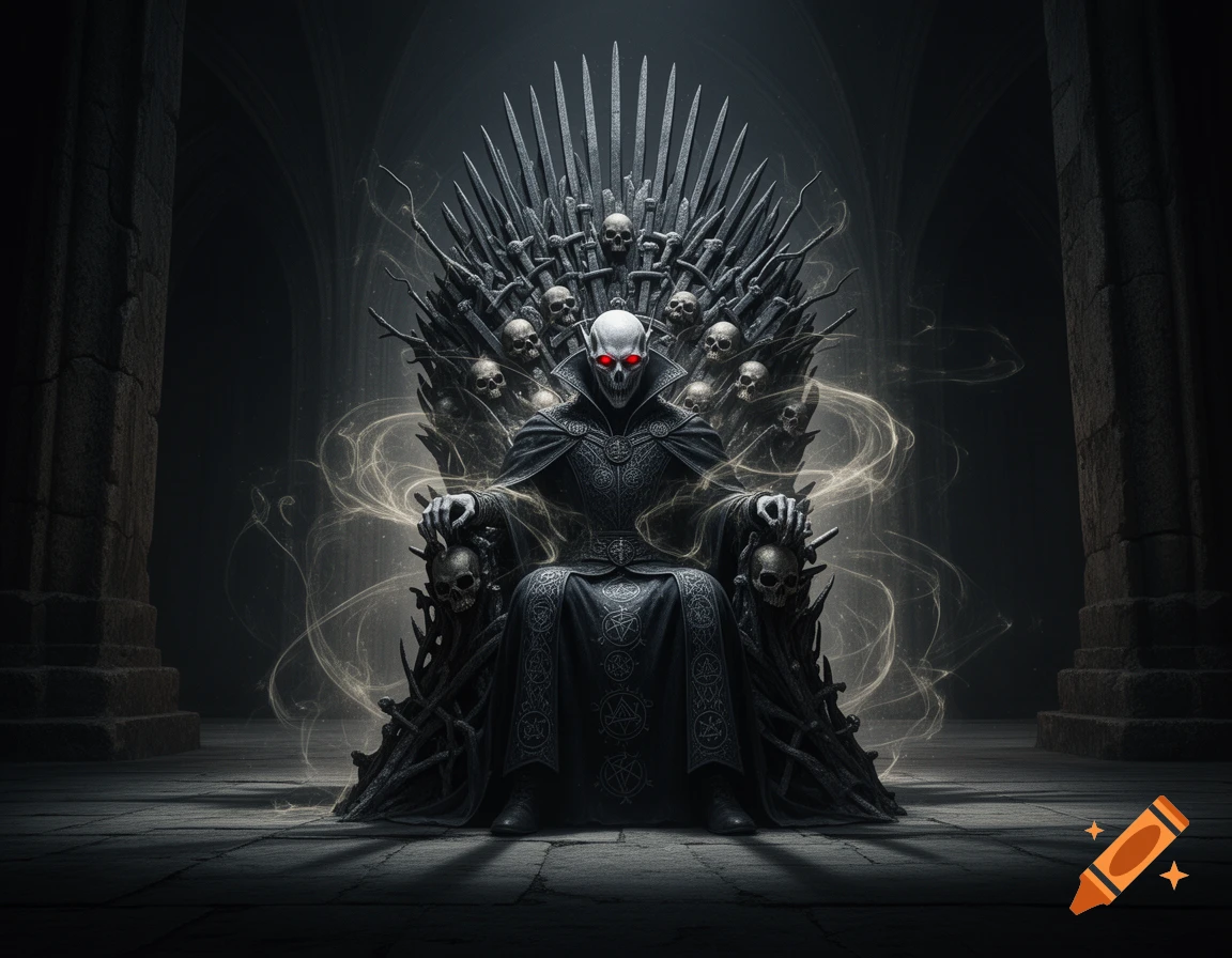 A vampire lich with glowing red eyes sits on an ornate iron throne made of swords and skulls, with magic swirling in a dark gothic hall.
