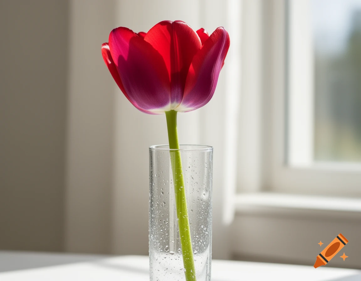 A vibrant red tulip with a green stem stands in a clear glass vase, brightly lit by sunlight filtering through a window.