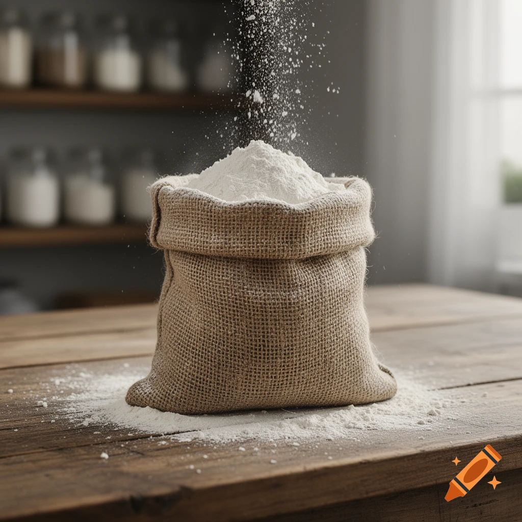 A burlap sack filled with white flour, with flour scattering onto a wooden table in a rustic setting.