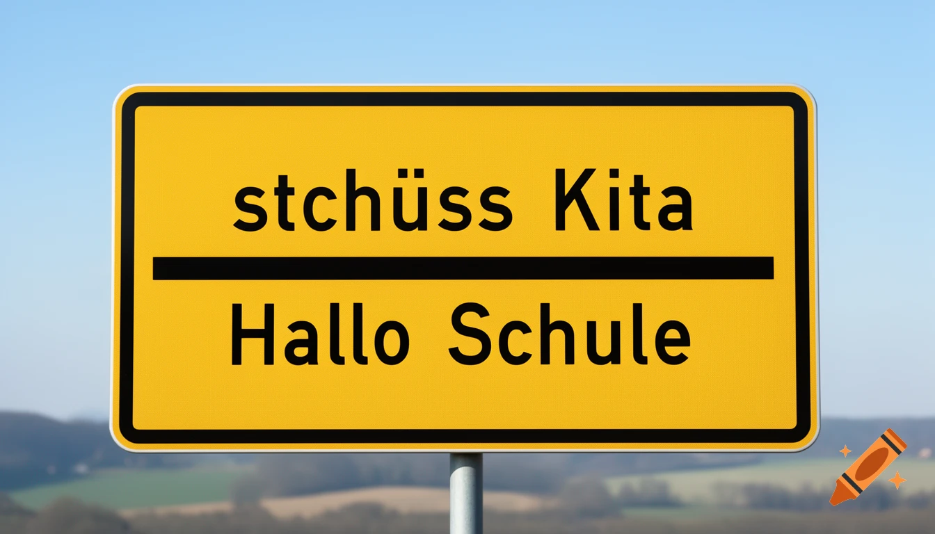 A photorealistic image of a yellow German town sign that reads 'tschüss Kita Hallo Schule' against a blue sky.
