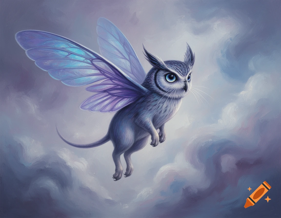 A charming mythical creature with an owl-like head, blue eyes, and large translucent butterfly wings, flying in a cloudy sky.