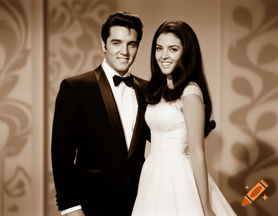 Sepia-toned portrait of Elvis Presley in a tuxedo and Priscilla Presley in a white dress, smiling.