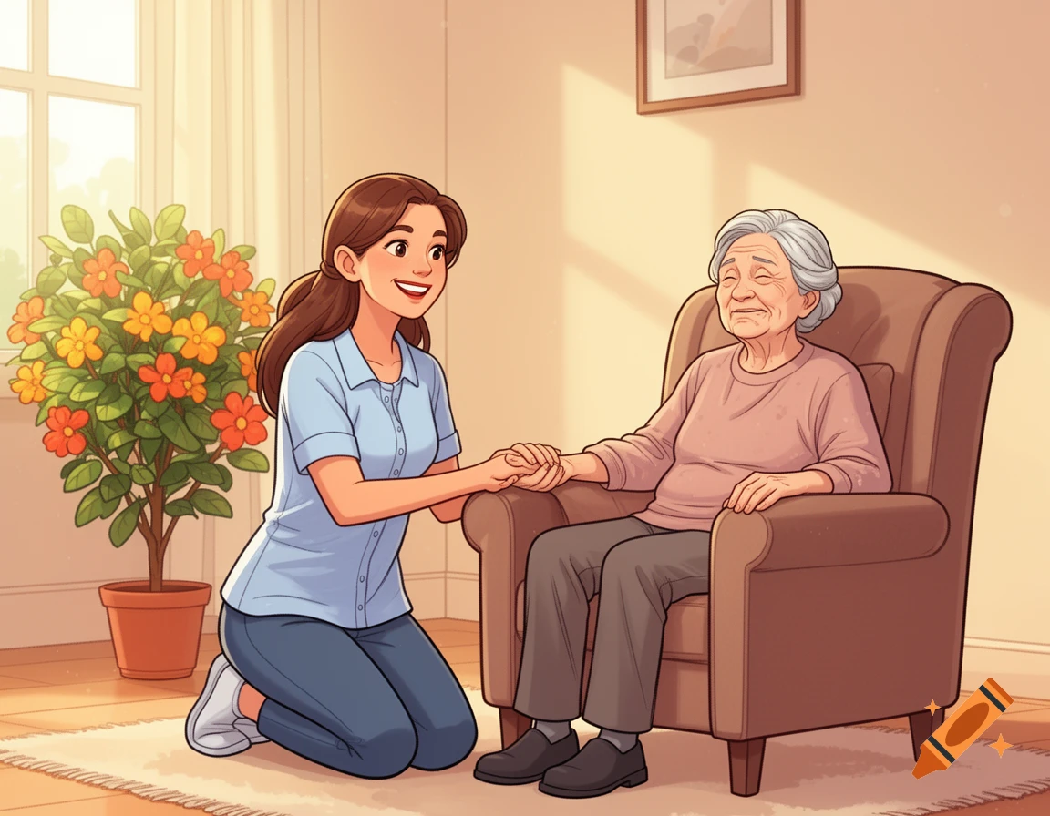 A young woman kneels, holding the hand of an elderly person seated in an armchair, in a warm, friendly comic illustration.