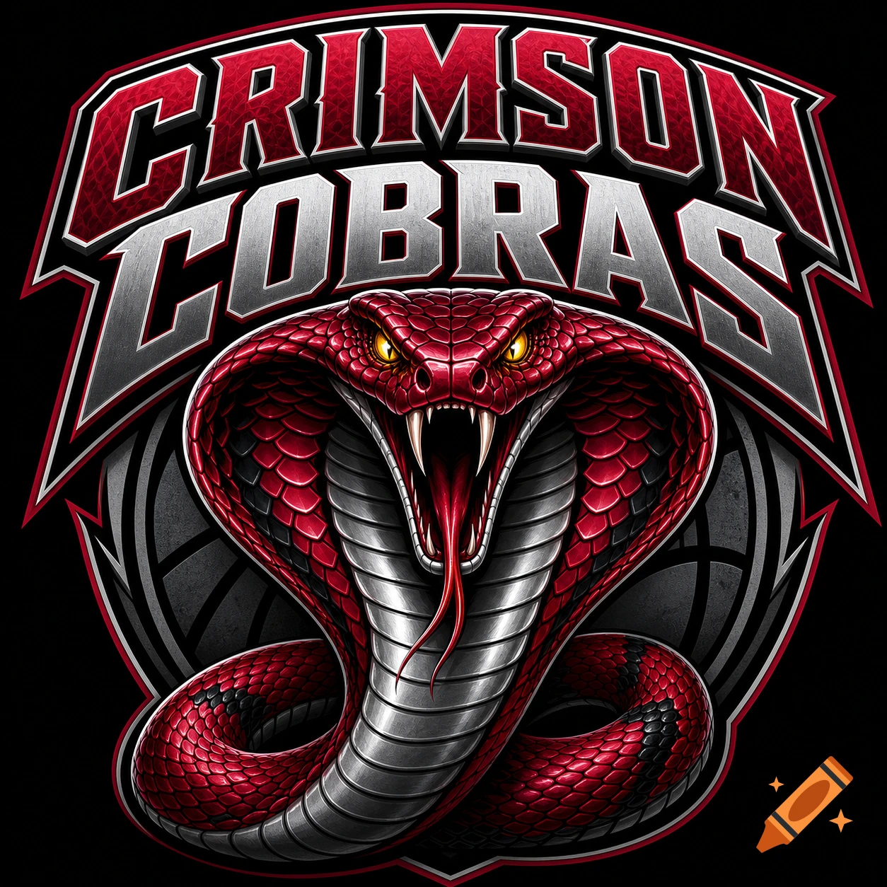 Detailed sports logo with a fierce red cobra head, fangs, and tongue, above the words 'CRIMSON COBRAS' in a shield design.
