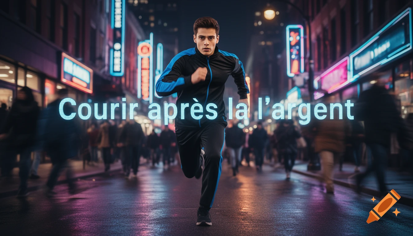 A man in a black and blue tracksuit runs towards the viewer on a wet city street at night, with neon signs and blurred people in the background. Blue glowing text reads "Courir après la l'argent".