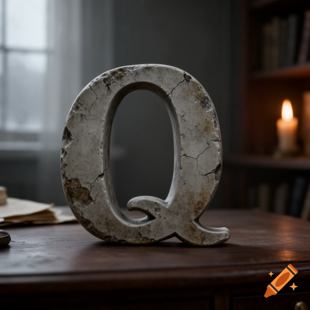 A worn, cracked stone letter 'Q' sits on a dark wooden desk, with a blurred window and a lit candle in the background.
