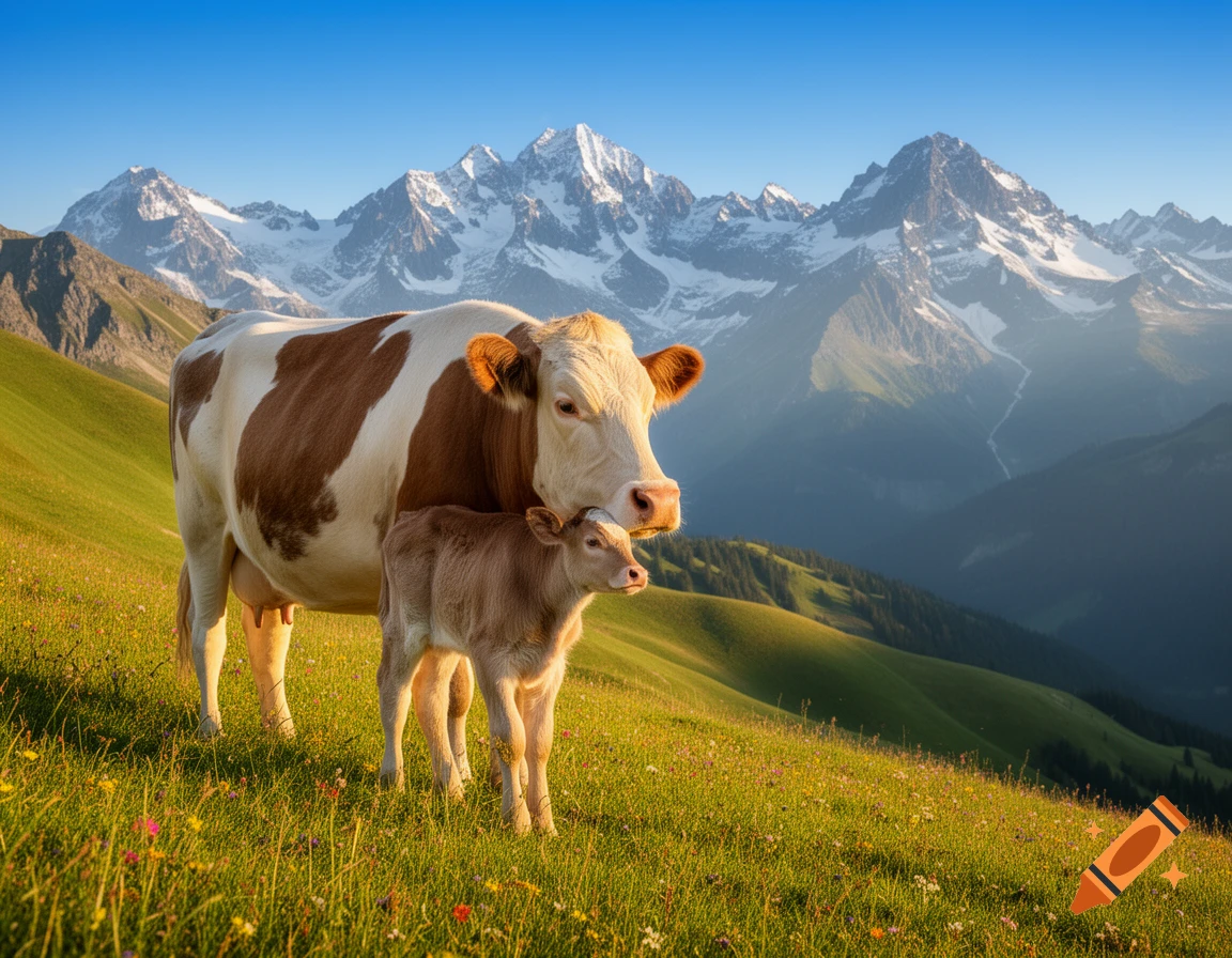 A brown and white cow with its calf in a sunny green mountain pasture, with snow-capped peaks in the background.