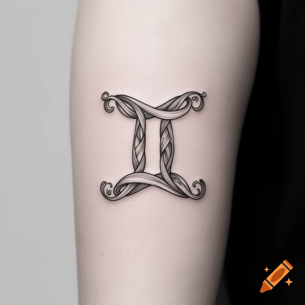 A stylized black and white Gemini zodiac sign tattoo with intertwined lines on an arm.