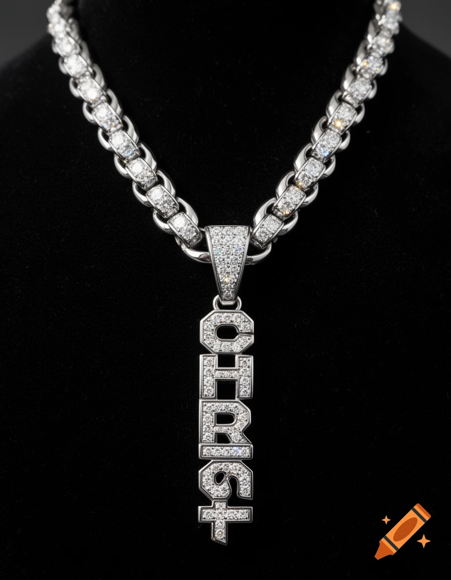 A close-up of a sparkling silver diamond chain and pendant that vertically spells out 'CHRIST' on a black background.