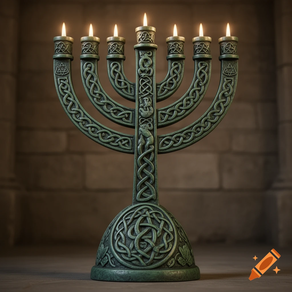 A dark green, ornate menorah with intricate Celtic knotwork designs and seven lit candles, standing against a blurred stone wall background.
