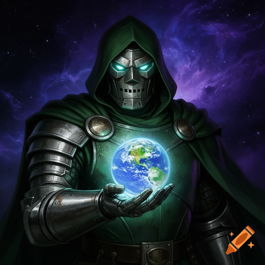 Doctor Doom in his green hooded cloak and metallic armor holds a glowing Earth in his hand against a cosmic background.
