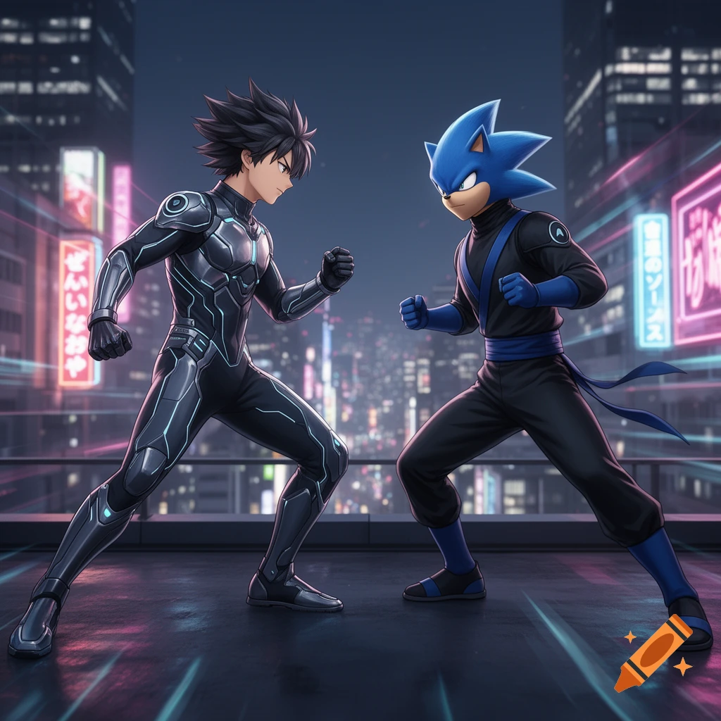 An anime-style human in a glowing black suit faces off against a blue Sonic-like ninja on a futuristic city rooftop at night.