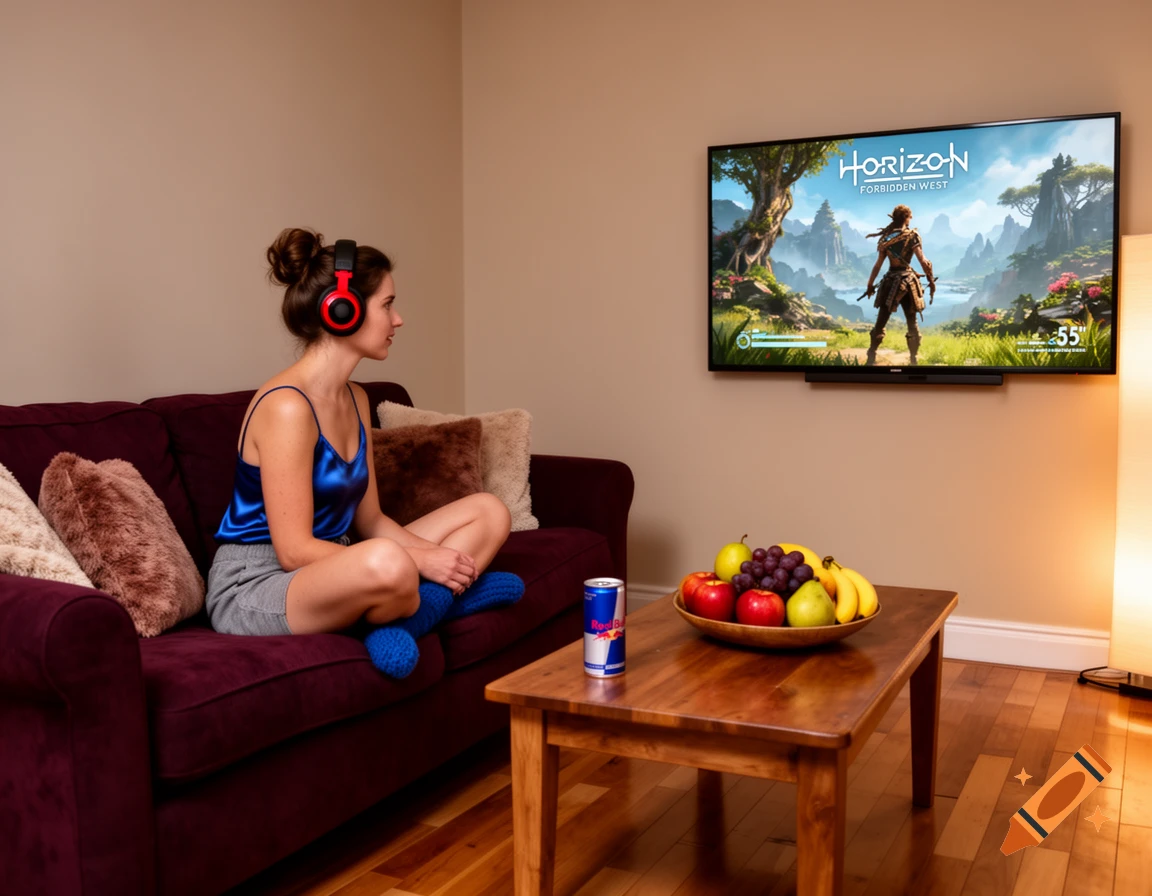 A woman in headphones sits on a couch playing Horizon Forbidden West on a large TV. A coffee table with a fruit bowl and Red Bull can is in front of her.