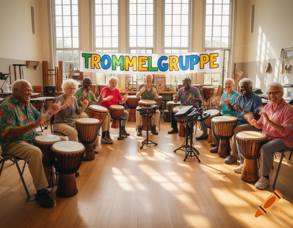 A diverse group of smiling seniors enthusiastically plays djembe drums in a brightly lit room with large windows.