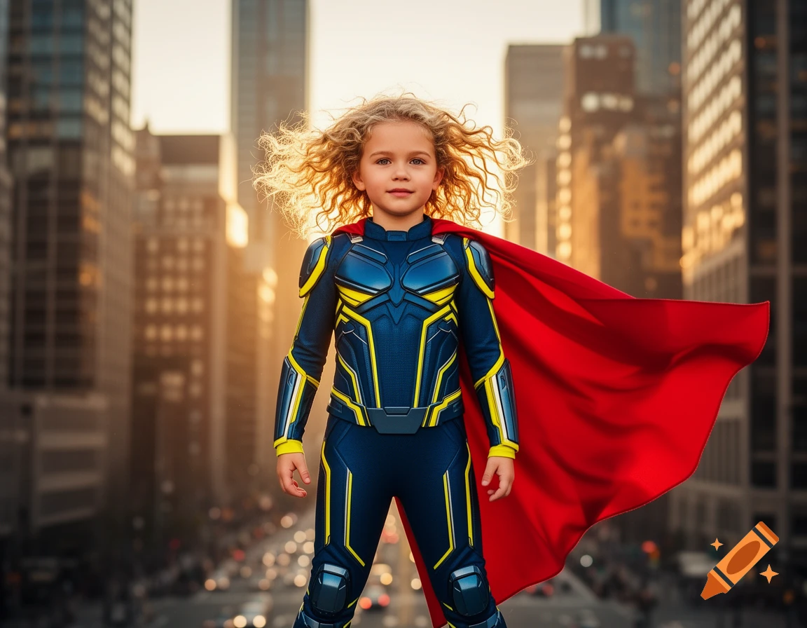 A young blonde girl in a blue and yellow superhero suit with a red cape stands in a bustling city.