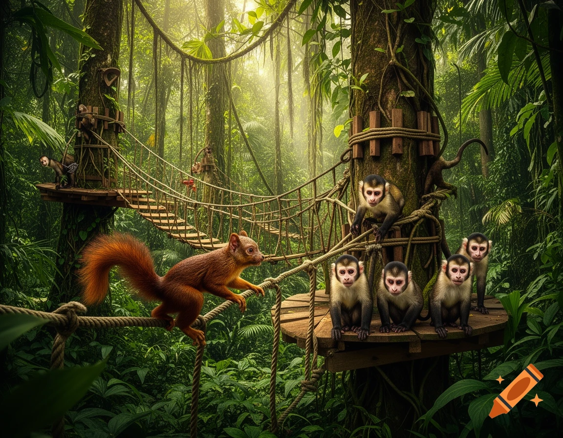A vibrant jungle scene with a red squirrel on a rope bridge and five squirrel monkeys on a wooden platform on a tree.