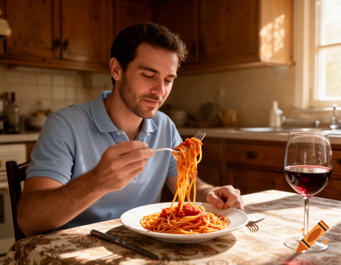 A man in a blue polo shirt enjoys a plate of spaghetti with red sauce and a glass of red wine at a table in a sunlit kitchen.