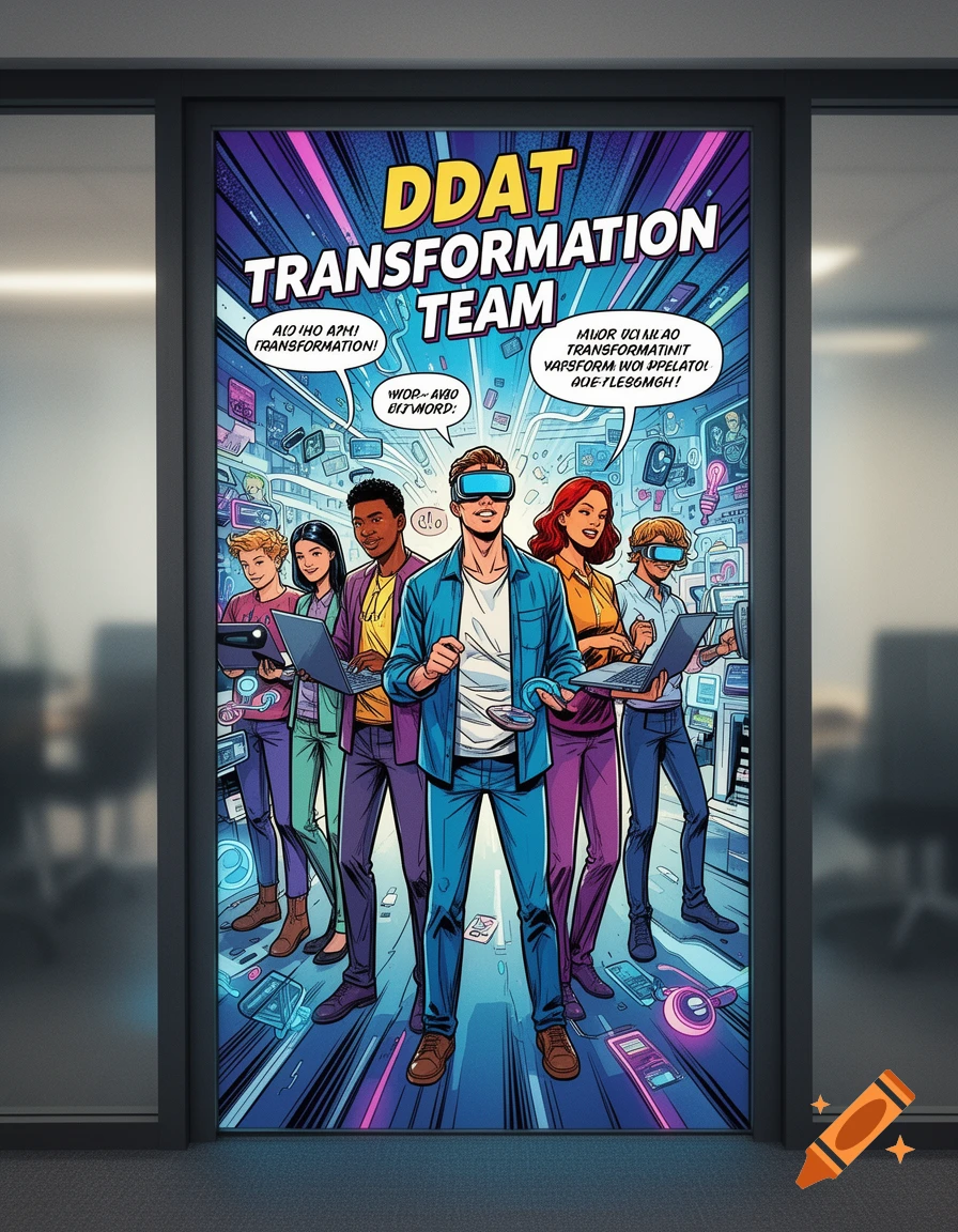 Comic book style poster of a diverse DDAT Transformation Team in a futuristic, tech-filled setting, some wearing VR headsets.