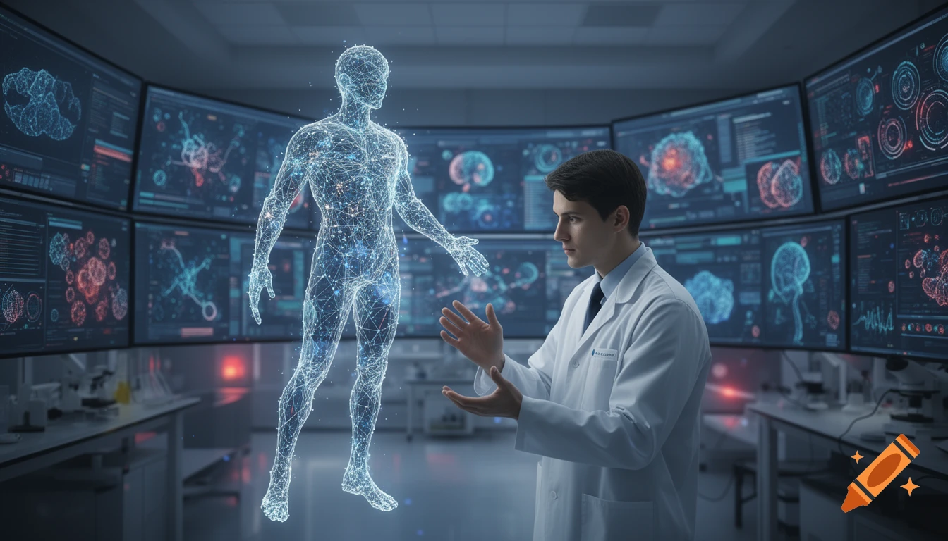 A scientist interacts with a glowing holographic human figure in a futuristic lab with multiple data screens.