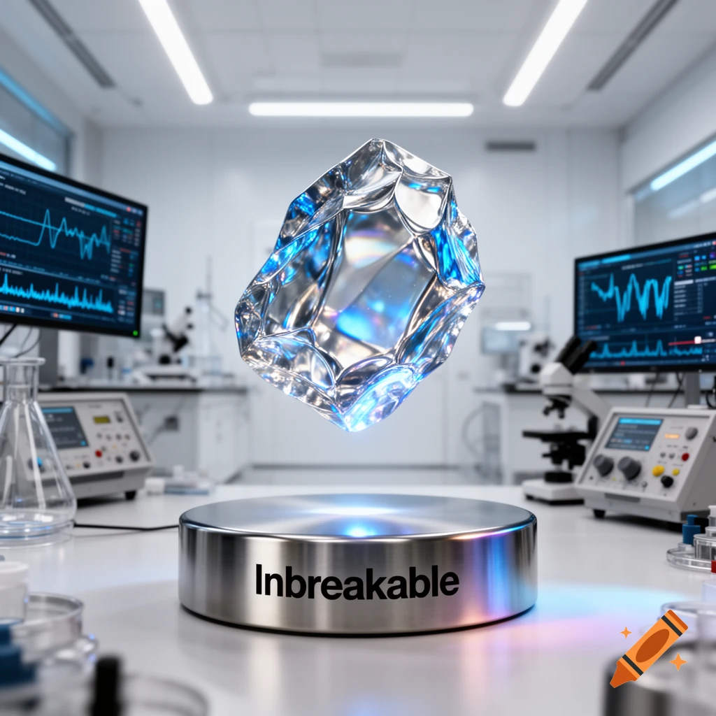 A shimmering, multifaceted crystal floats above a silver pedestal engraved with 'Inbreakable' in a modern, well-lit laboratory setting.