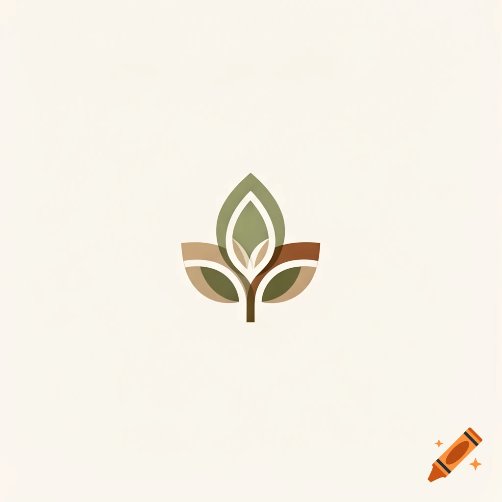 A stylized logo depicting a plant or leaf with overlapping shapes in shades of green and brown on a light, off-white background.