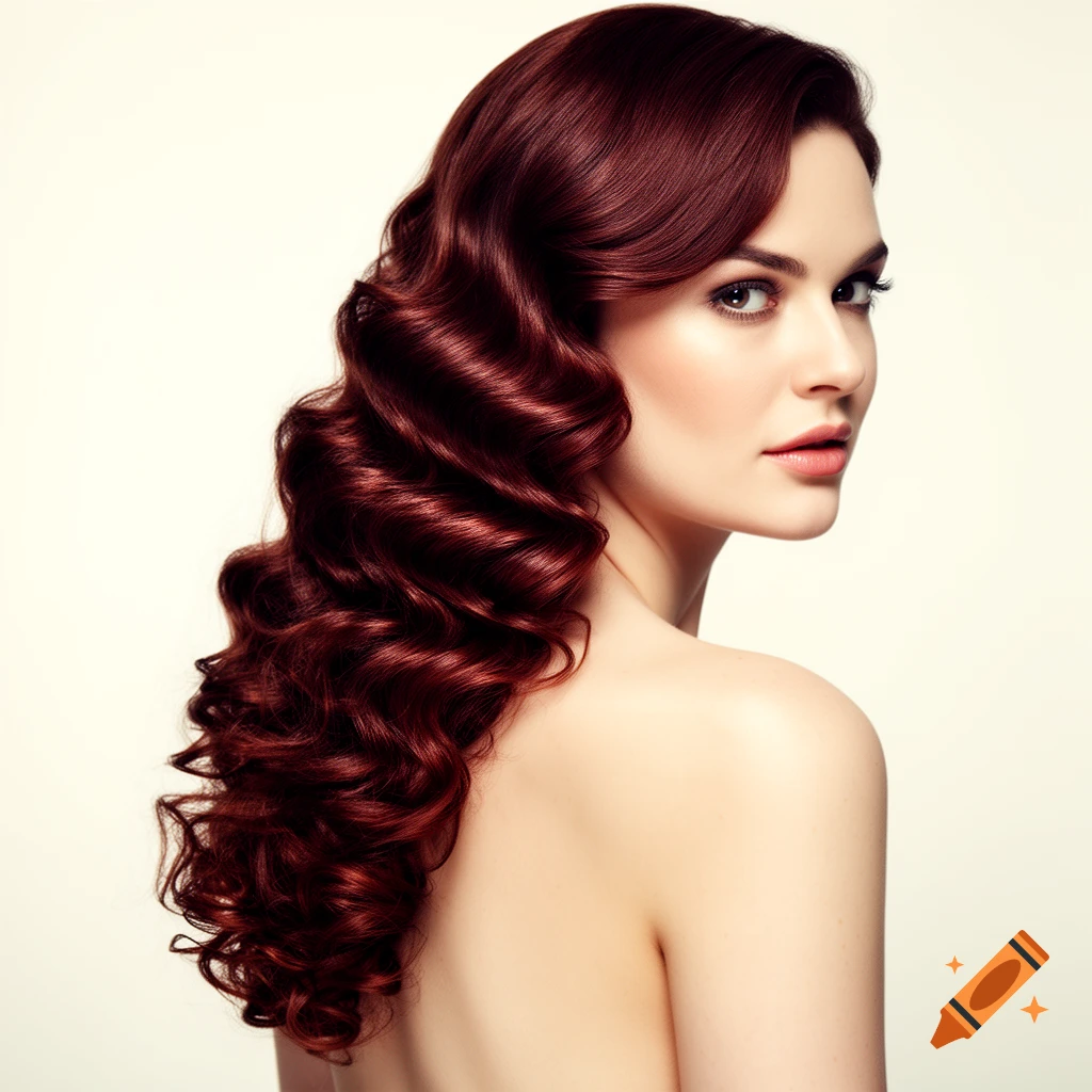 A photorealistic close-up of a woman with long, wavy auburn hair looking over her bare shoulder.