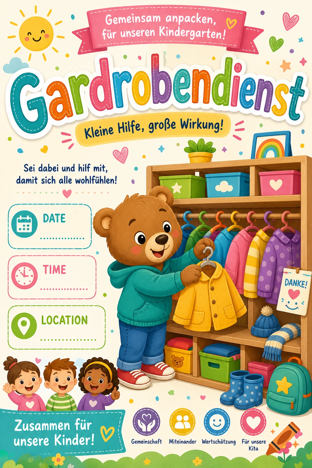 A colorful cartoon poster for a kindergarten wardrobe service event, featuring a smiling bear, children, and clothes.