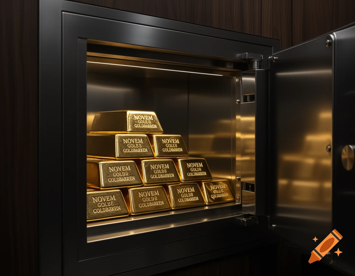 An open black safe filled with a stack of shiny gold bars, some with 'NOVEM GOLDBARREN' embossed on them.