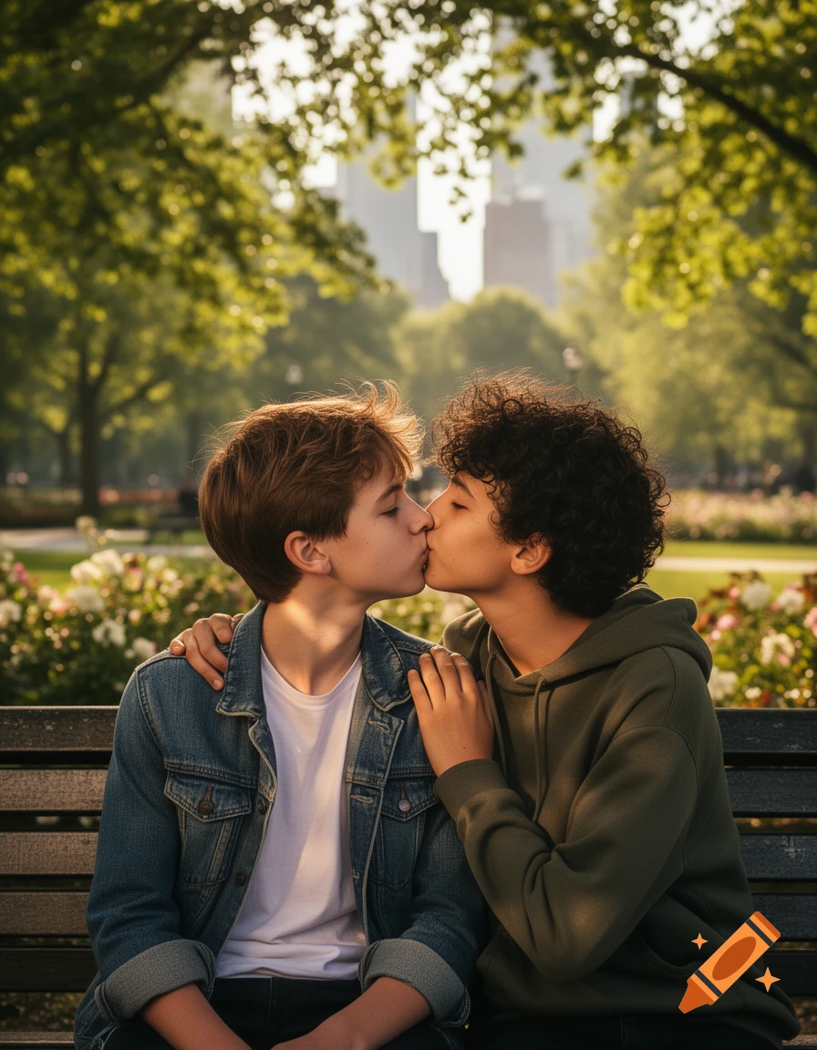 Two young boys kiss affectionately on a park bench with sunny trees in the background, photorealistic.