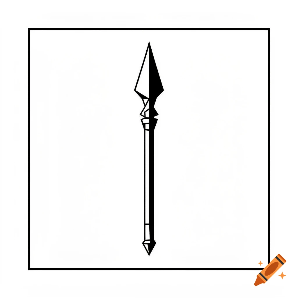 A stylized black and white illustration of a spear.