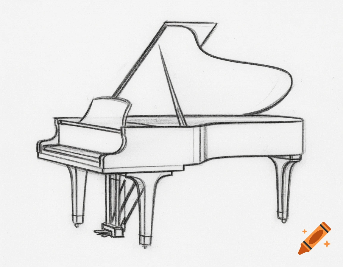 Charcoal outline drawing of a grand piano with simple, clean lines in a modern contemporary style.