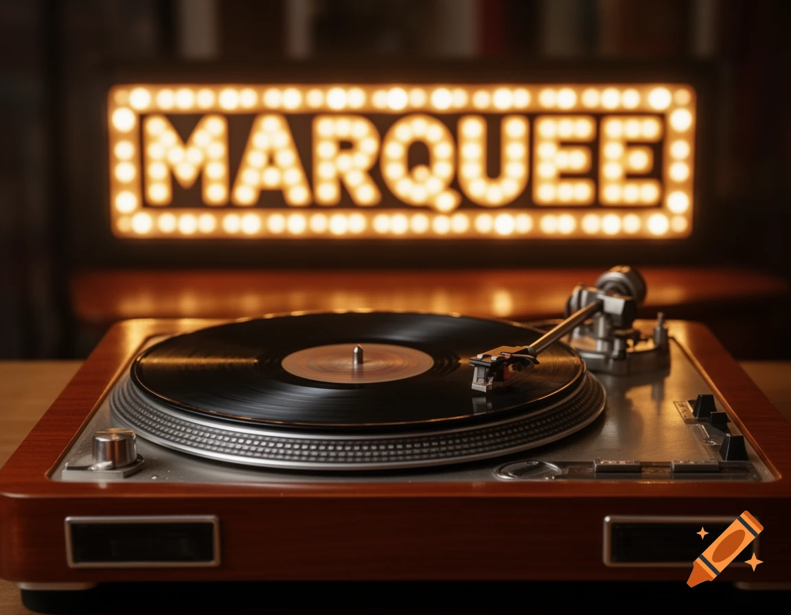 A close-up of a vintage wooden turntable with a black vinyl record, set against a blurred background with a lit-up 'MARQUEE' sign.