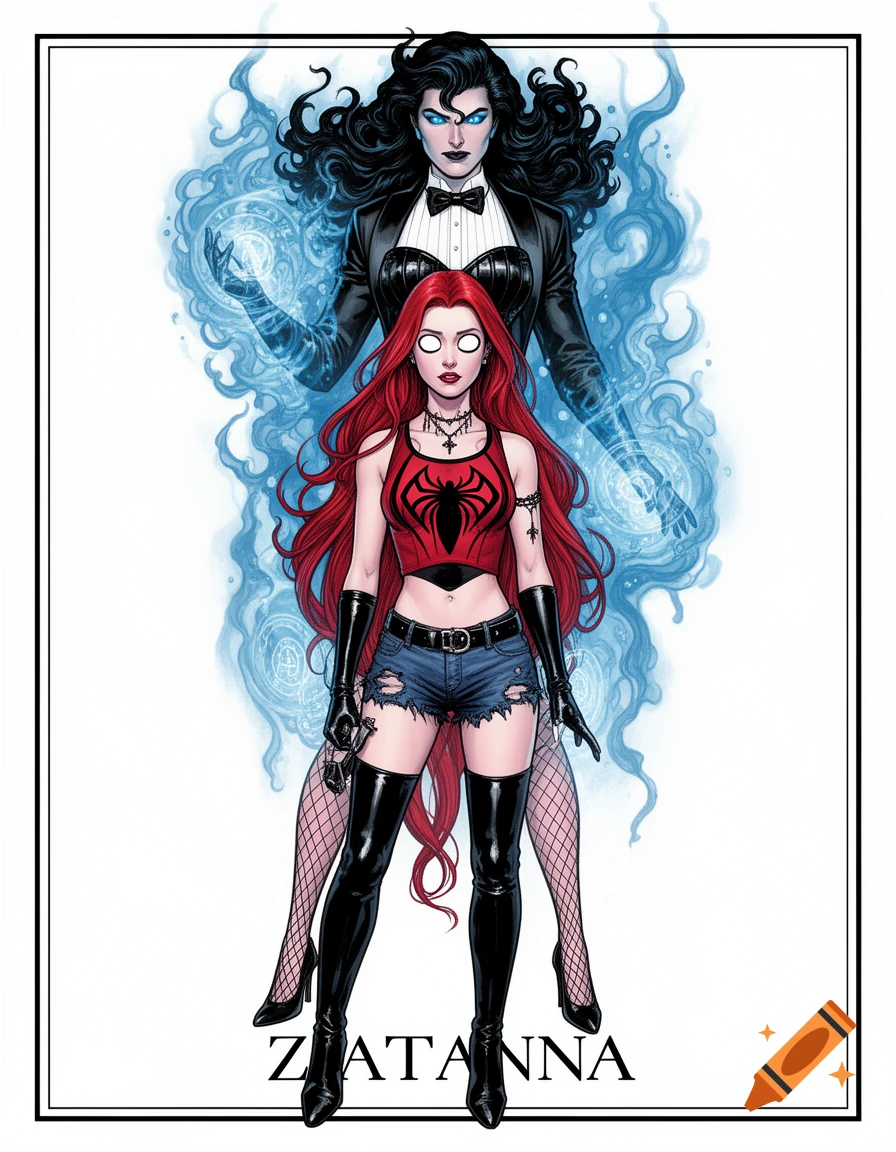 A comic art piece showing a red-haired woman in shorts and a spider top, with a magic user in a tuxedo jacket and blue mist behind her, titled 'ZATANNA'.