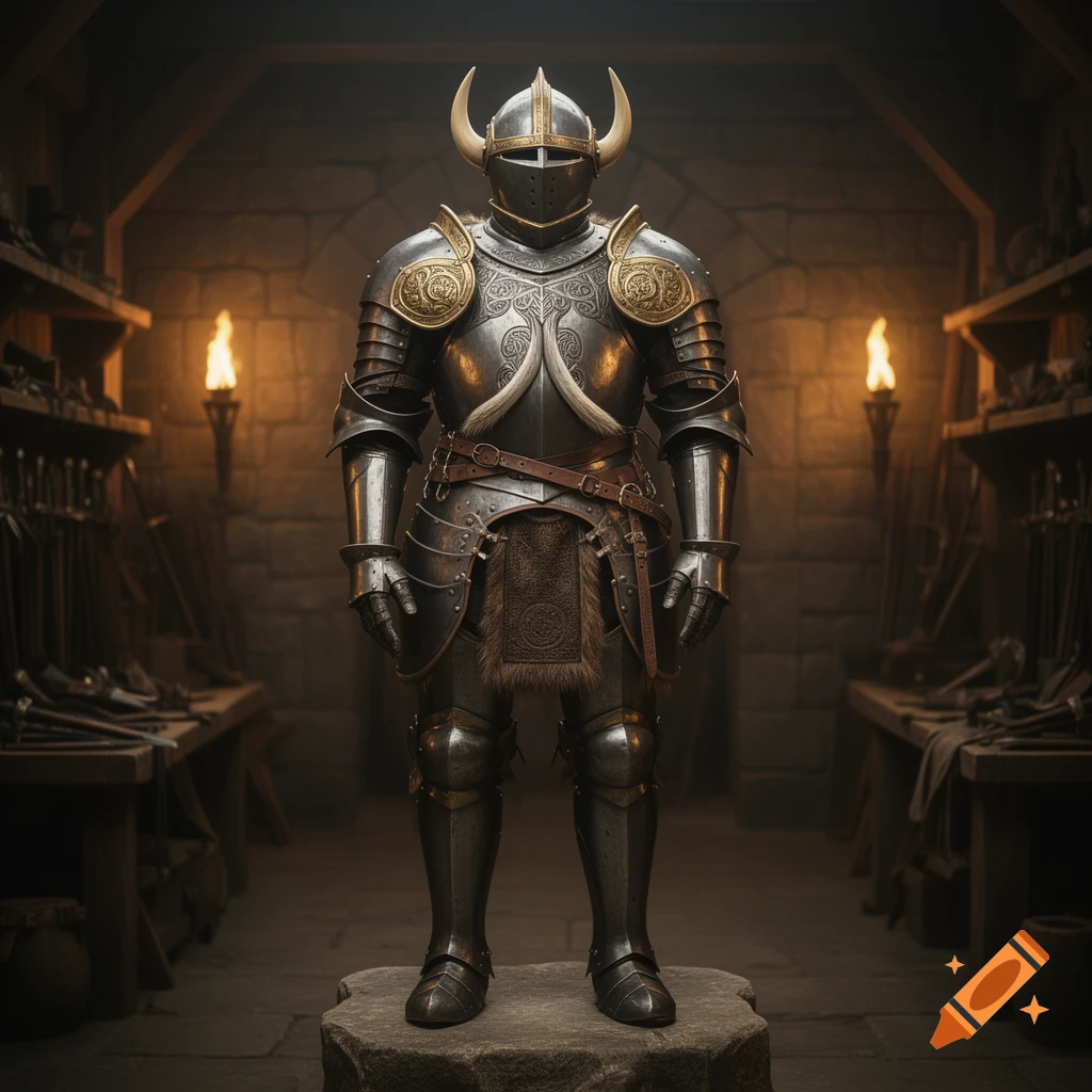 Ornate dark metal plate armor with golden accents and tusks stands on a stone in a dimly lit, torchlit workshop.