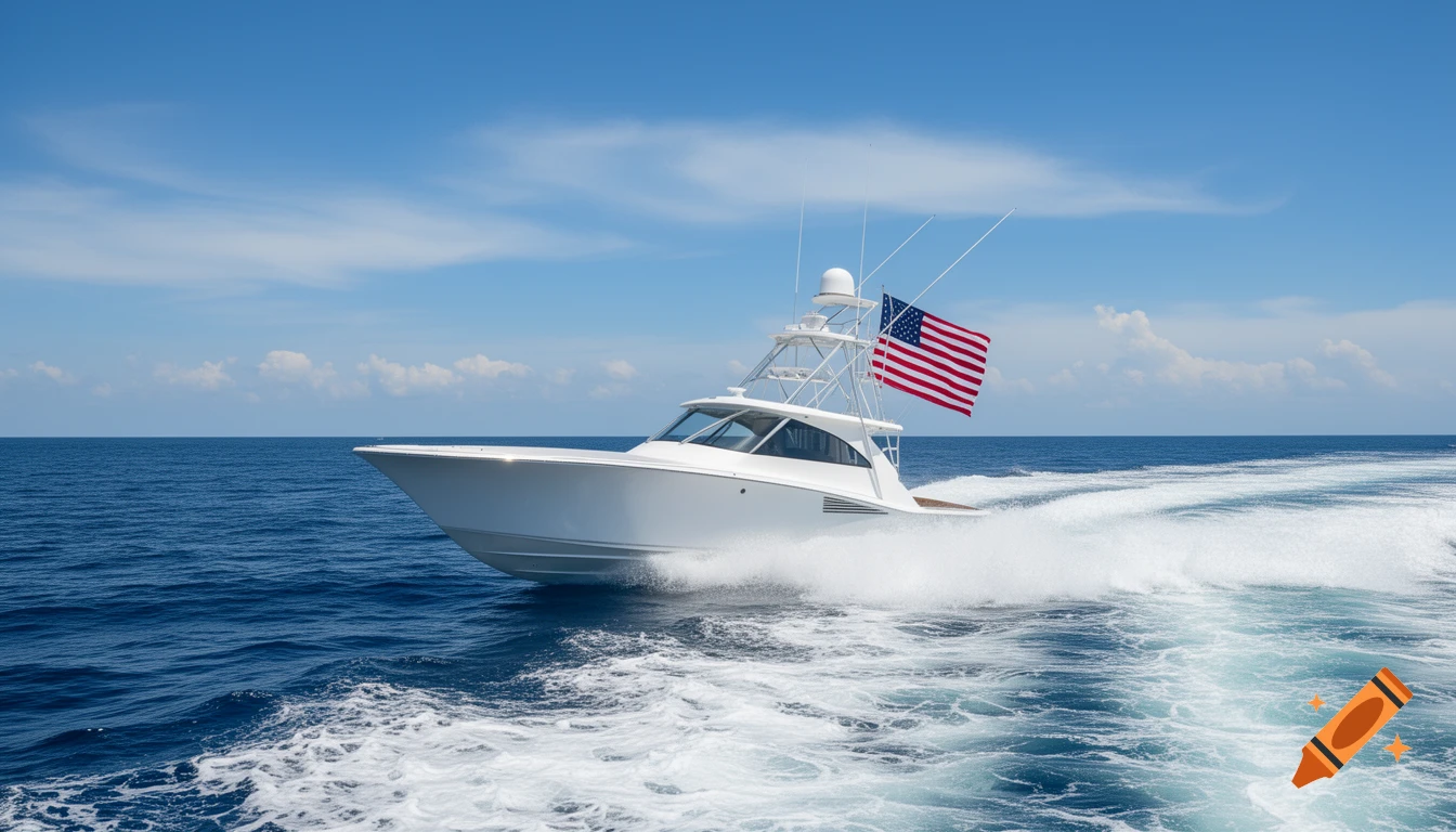 A white sportfishing boat speeds across the blue ocean, leaving a white wake. An American flag flies from its mast against a clear sky.