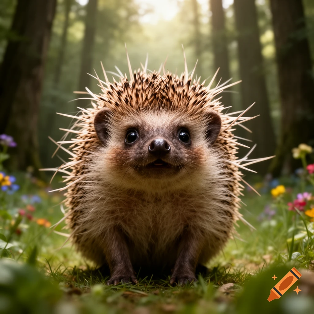 A photorealistic close-up of a cute hedgehog looking forward, sitting in a sunny forest with wildflowers.