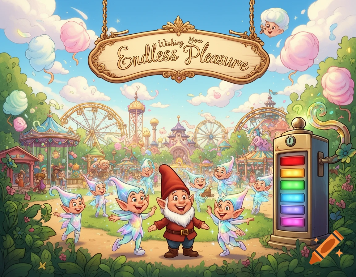 Cheerful cartoon gnome and elves in a magical amusement park under a sign 'Wishing You Endless Pleasure' with a full battery gauge.
